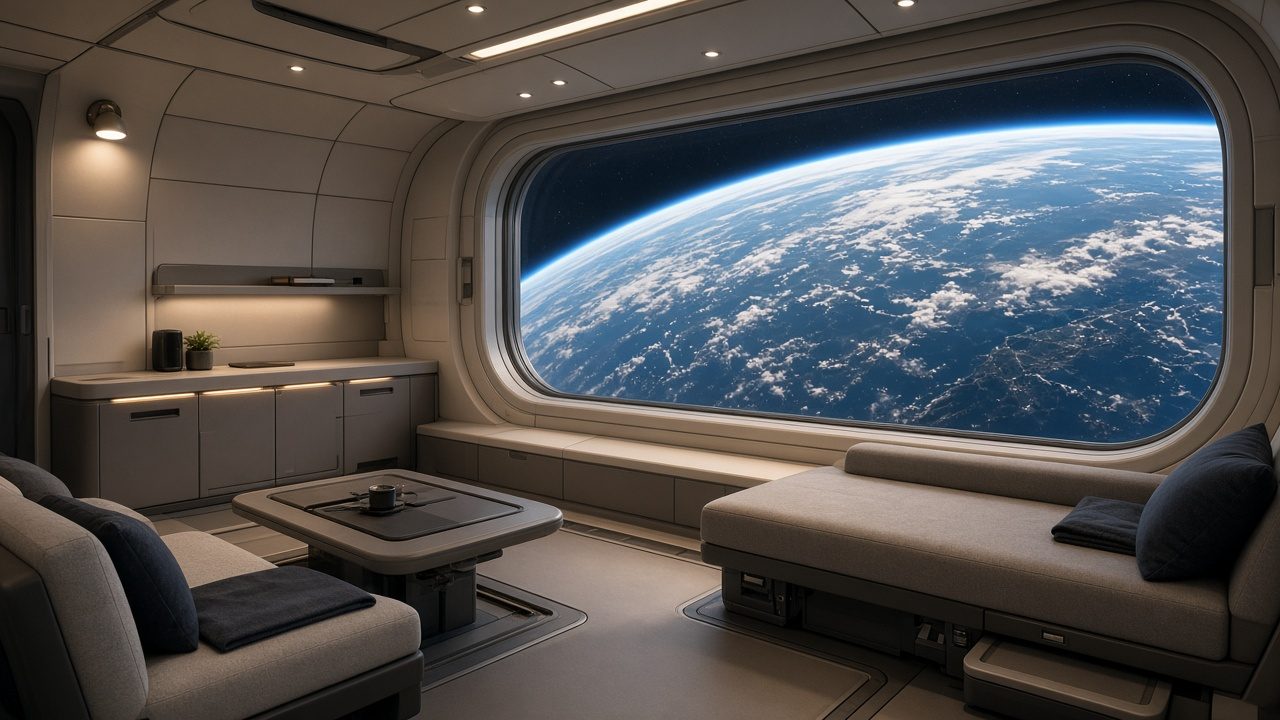 A spacious orbital lounge with soft lighting and a panoramic window showing Earth far below, designed for tourists rather than a crowded laboratory.