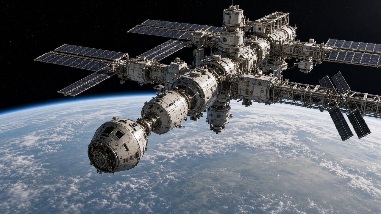 A commercial space station cluster under construction in low Earth orbit, with solar arrays, modules being joined and a visiting crew vehicle approaching, Earth bright below.